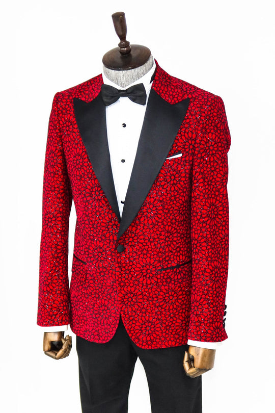 Men’s Radiant Red Glitter Floral Dinner Jacket – Slim Fit with Black Satin Peak Lapels