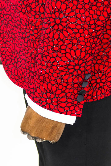 Men’s Radiant Red Glitter Floral Dinner Jacket – Slim Fit with Black Satin Peak Lapels