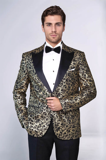 Men’s Midnight Black Root Patterned Slim Fit Peak Lapel Dinner Jacket