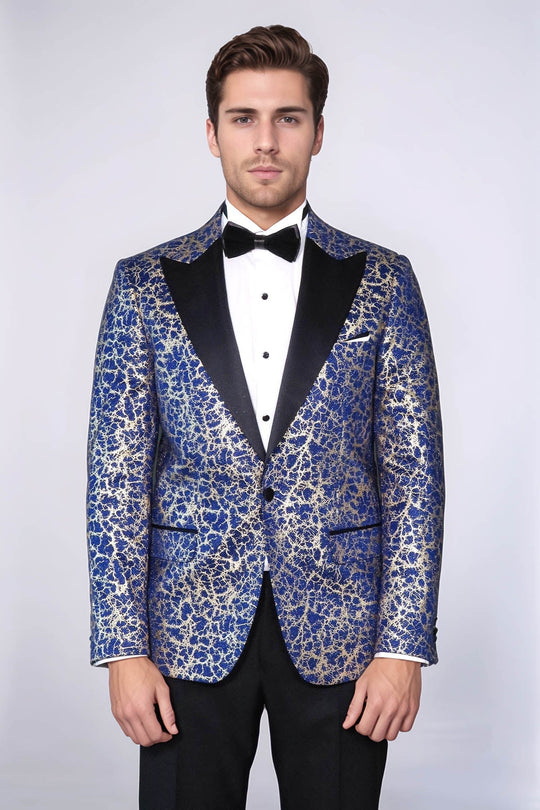 Men’s Royal Blue & Gilded Gold Root Jacquard Slim Fit Peak Lapel Dinner Jacket