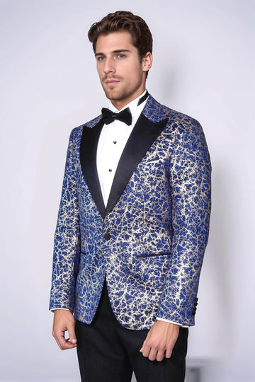 Men’s Royal Blue & Gilded Gold Root Jacquard Slim Fit Peak Lapel Dinner Jacket