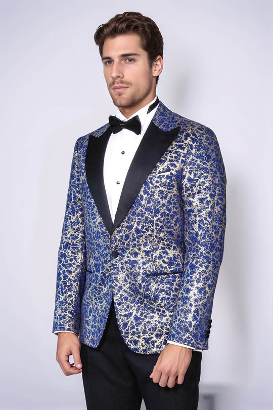 Men’s Royal Blue & Gilded Gold Root Jacquard Slim Fit Peak Lapel Dinner Jacket