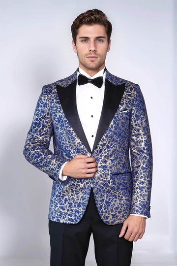 Men’s Royal Blue & Gilded Gold Root Jacquard Slim Fit Peak Lapel Dinner Jacket
