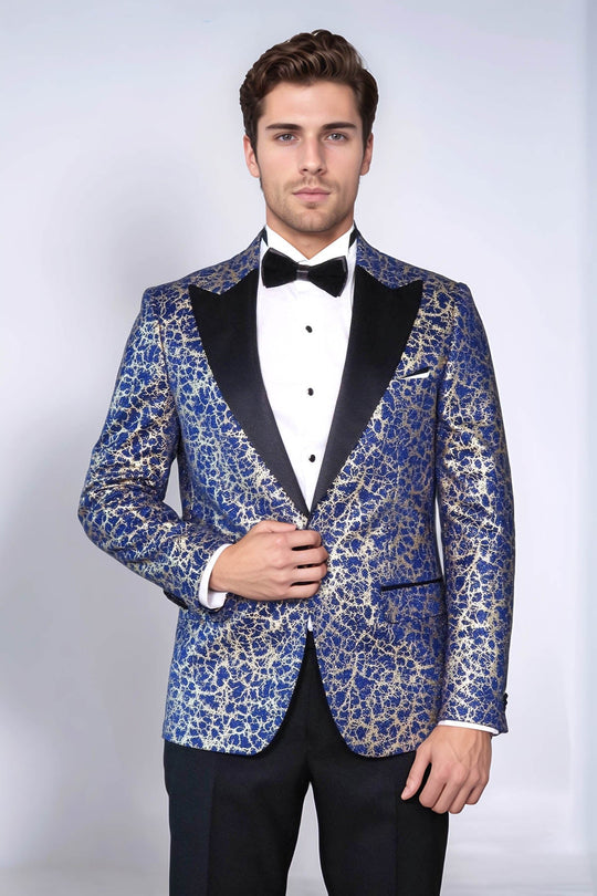 Men’s Royal Blue & Gilded Gold Root Jacquard Slim Fit Peak Lapel Dinner Jacket