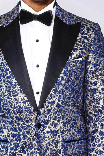 Men’s Royal Blue & Gilded Gold Root Jacquard Slim Fit Peak Lapel Dinner Jacket