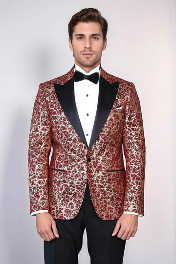 Men’s Burgundy & Gilded Gold Root Jacquard Slim Fit Peak Lapel Dinner Jacket