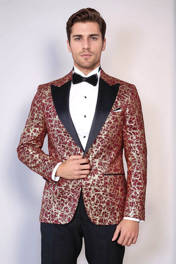 Men’s Burgundy & Gilded Gold Root Jacquard Slim Fit Peak Lapel Dinner Jacket
