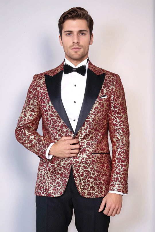 Men’s Burgundy & Gilded Gold Root Jacquard Slim Fit Peak Lapel Dinner Jacket
