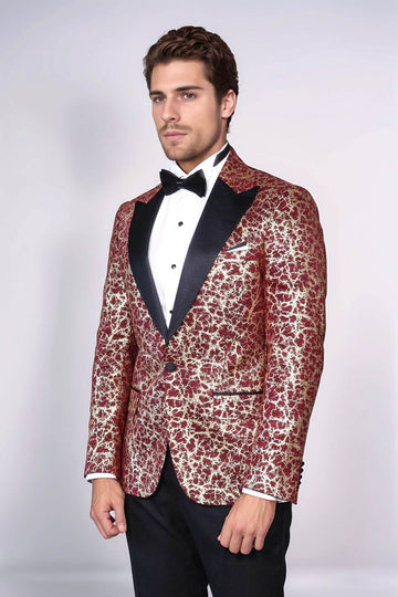Men’s Burgundy & Gilded Gold Root Jacquard Slim Fit Peak Lapel Dinner Jacket