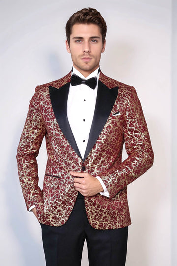 Men’s Burgundy & Gilded Gold Root Jacquard Slim Fit Peak Lapel Dinner Jacket