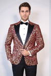 Men’s Burgundy & Gilded Gold Root Jacquard Slim Fit Peak Lapel Dinner Jacket
