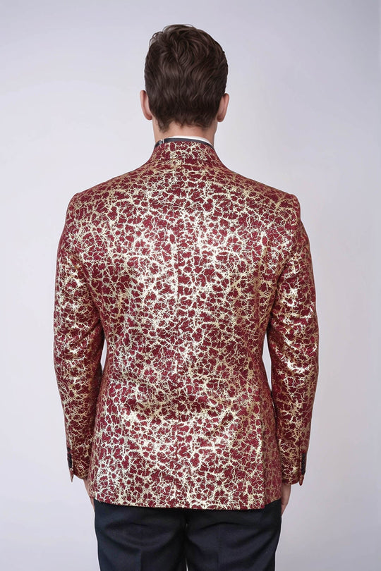 Men’s Burgundy & Gilded Gold Root Jacquard Slim Fit Peak Lapel Dinner Jacket