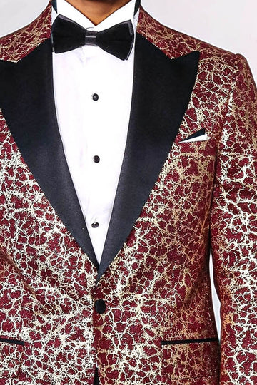 Men’s Burgundy & Gilded Gold Root Jacquard Slim Fit Peak Lapel Dinner Jacket