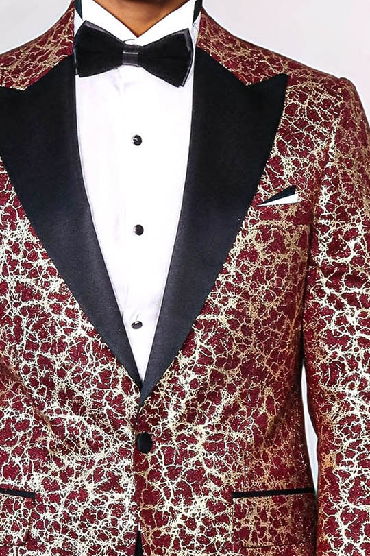 Men’s Burgundy & Gilded Gold Root Jacquard Slim Fit Peak Lapel Dinner Jacket