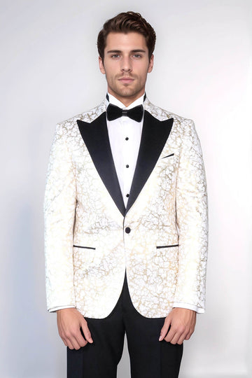 Men’s Arctic White & Gilded Gold Root Jacquard Slim Fit Peak Lapel Dinner Jacket