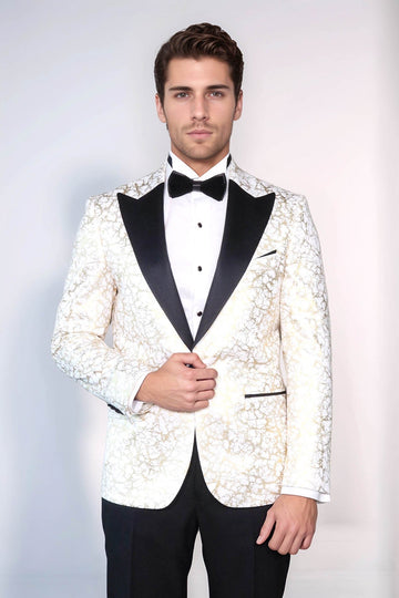 Men’s Arctic White & Gilded Gold Root Jacquard Slim Fit Peak Lapel Dinner Jacket