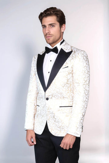 Men’s Arctic White & Gilded Gold Root Jacquard Slim Fit Peak Lapel Dinner Jacket