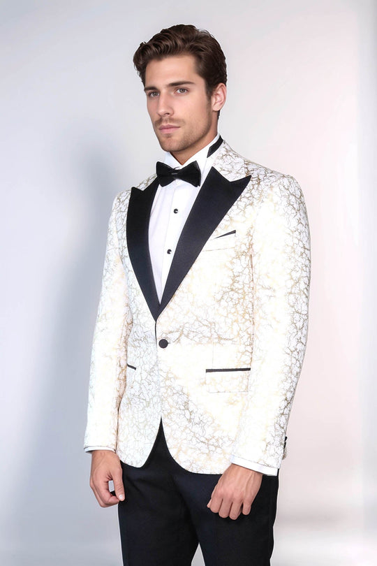 Men’s Arctic White & Gilded Gold Root Jacquard Slim Fit Peak Lapel Dinner Jacket