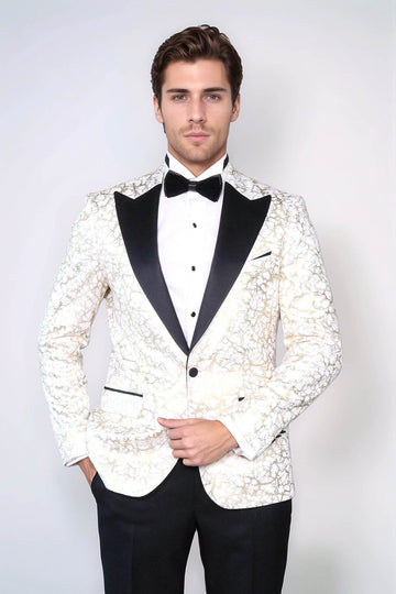 Men’s Arctic White & Gilded Gold Root Jacquard Slim Fit Peak Lapel Dinner Jacket