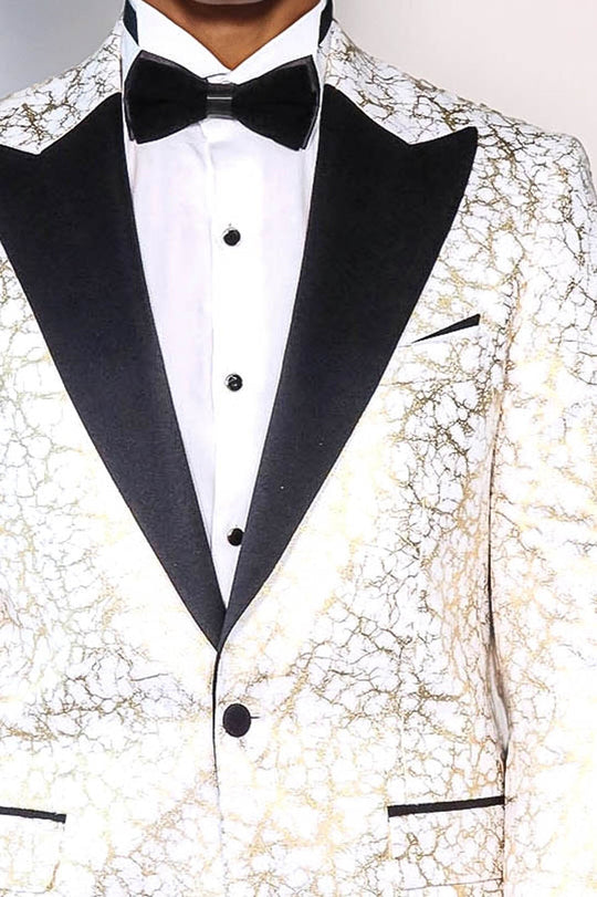 Men’s Arctic White & Gilded Gold Root Jacquard Slim Fit Peak Lapel Dinner Jacket