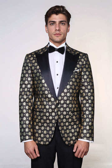 Men’s Midnight Black & Gold Floral Patterned Slim Fit Peak Lapel Dinner Jacket
