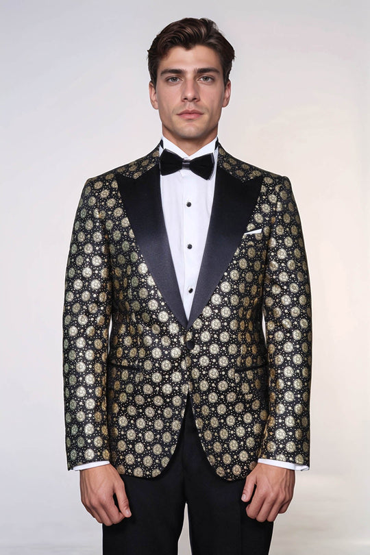 Men’s Midnight Black & Gold Floral Patterned Slim Fit Peak Lapel Dinner Jacket
