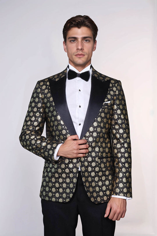 Men’s Midnight Black & Gold Floral Patterned Slim Fit Peak Lapel Dinner Jacket