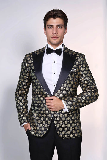 Men’s Midnight Black & Gold Floral Patterned Slim Fit Peak Lapel Dinner Jacket