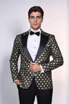 Men’s Midnight Black & Gold Floral Patterned Slim Fit Peak Lapel Dinner Jacket