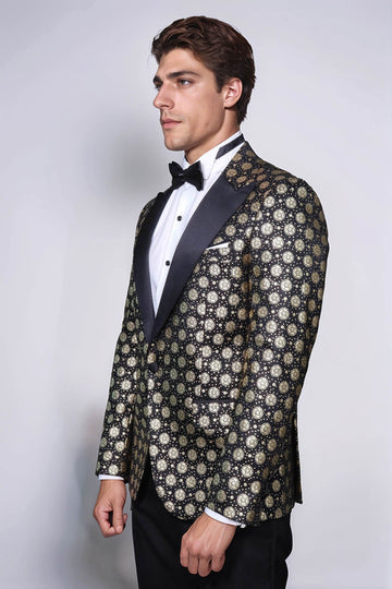 Men’s Midnight Black & Gold Floral Patterned Slim Fit Peak Lapel Dinner Jacket
