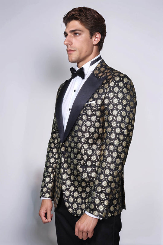 Men’s Midnight Black & Gold Floral Patterned Slim Fit Peak Lapel Dinner Jacket