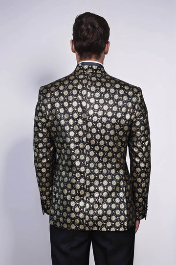 Men’s Midnight Black & Gold Floral Patterned Slim Fit Peak Lapel Dinner Jacket