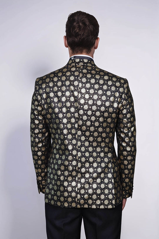 Men’s Midnight Black & Gold Floral Patterned Slim Fit Peak Lapel Dinner Jacket