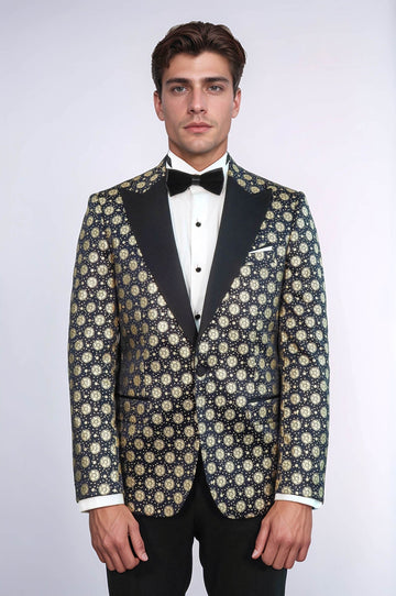 Men’s Midnight Navy & Gold Floral Patterned Slim Fit Peak Lapel Dinner Jacket