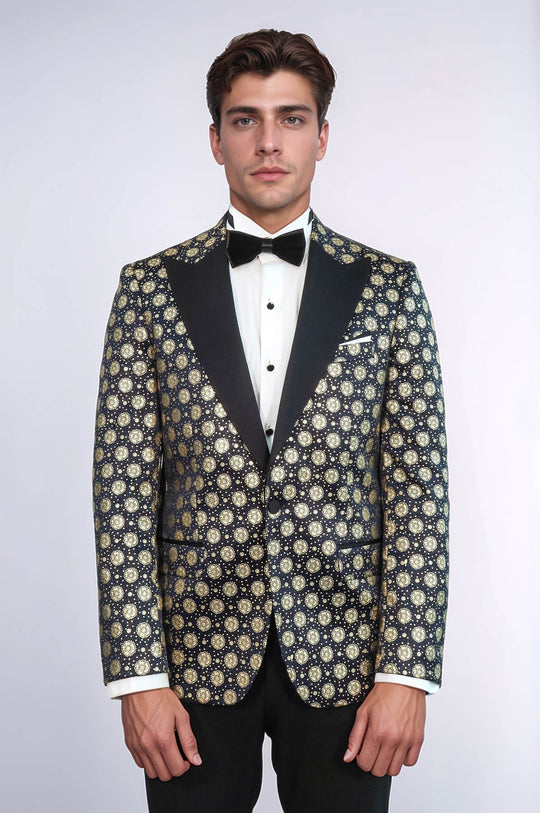 Men’s Midnight Navy & Gold Floral Patterned Slim Fit Peak Lapel Dinner Jacket