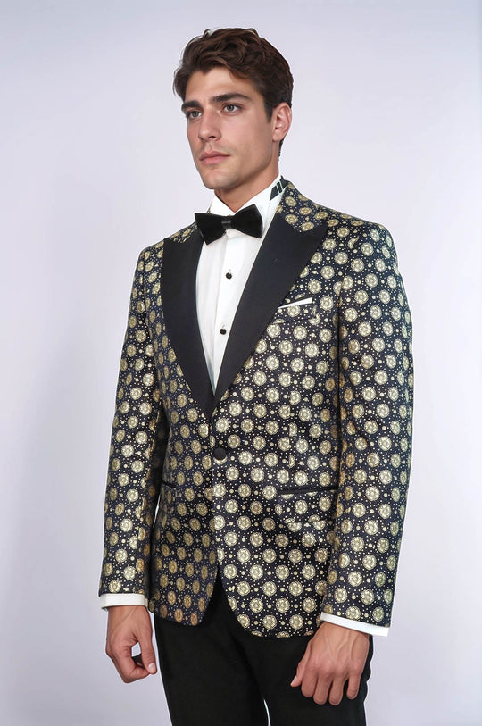 Men’s Midnight Navy & Gold Floral Patterned Slim Fit Peak Lapel Dinner Jacket
