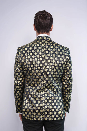 Men’s Midnight Navy & Gold Floral Patterned Slim Fit Peak Lapel Dinner Jacket