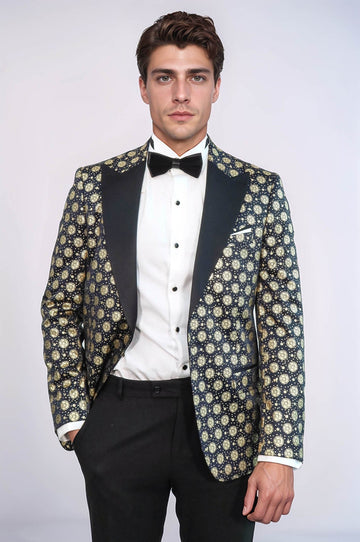 Men’s Midnight Navy & Gold Floral Patterned Slim Fit Peak Lapel Dinner Jacket