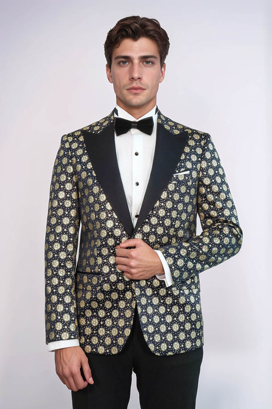 Men’s Midnight Navy & Gold Floral Patterned Slim Fit Peak Lapel Dinner Jacket
