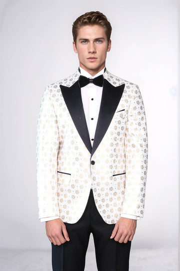 Men’s Arctic White Floral Patterned Slim Fit Peak Lapel Dinner Jacket