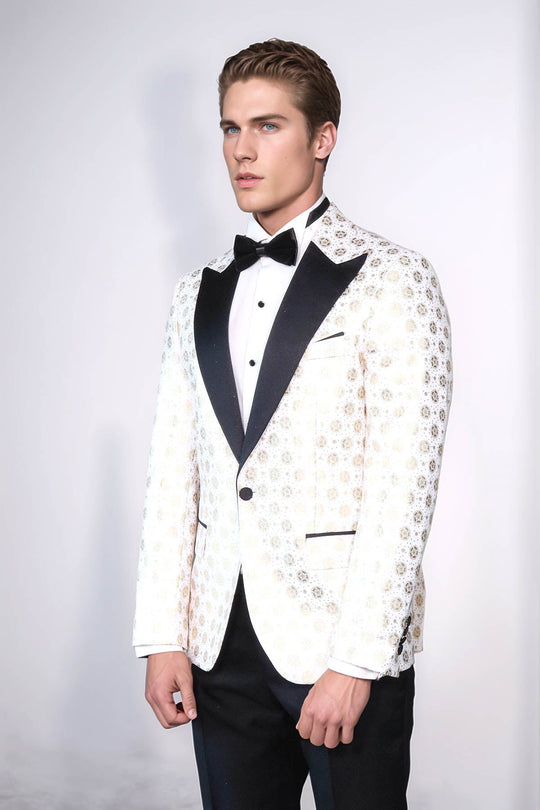 Men’s Arctic White Floral Patterned Slim Fit Peak Lapel Dinner Jacket