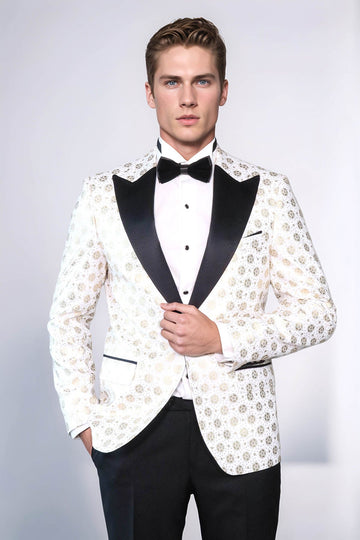 Men’s Arctic White Floral Patterned Slim Fit Peak Lapel Dinner Jacket