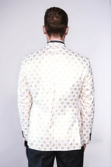 Men’s Arctic White Floral Patterned Slim Fit Peak Lapel Dinner Jacket