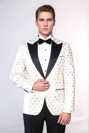Men’s Arctic White Floral Patterned Slim Fit Peak Lapel Dinner Jacket