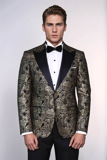 Men’s Midnight Black Paisley Patterned Slim Fit Peak Lapel Dinner Jacket
