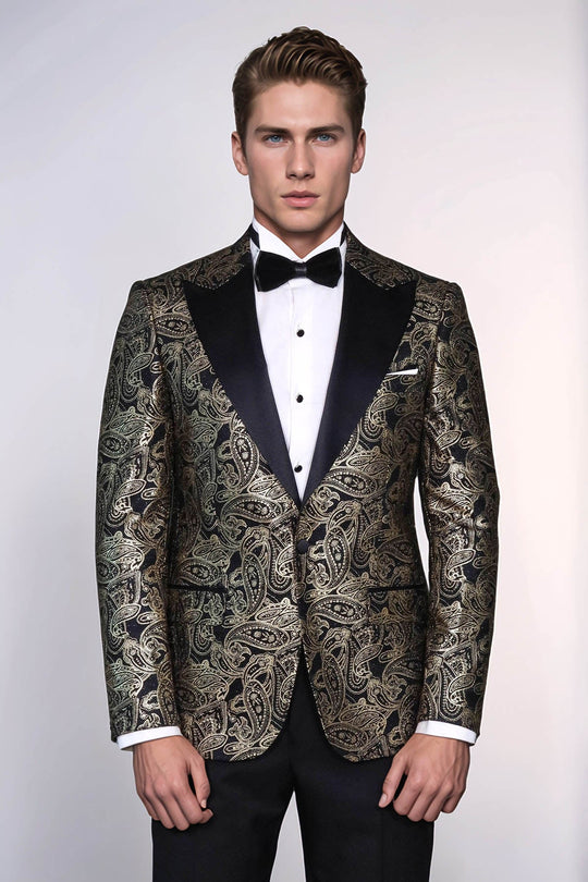 Men’s Midnight Black Paisley Patterned Slim Fit Peak Lapel Dinner Jacket