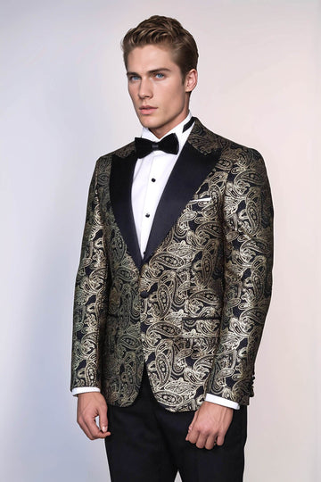 Men’s Midnight Black Paisley Patterned Slim Fit Peak Lapel Dinner Jacket