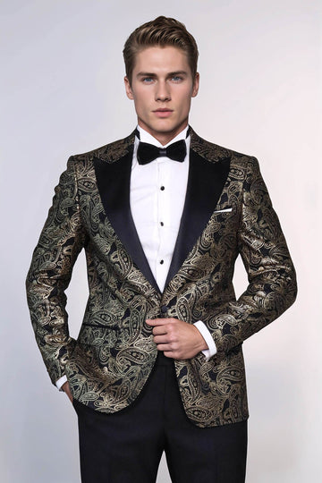 Men’s Midnight Black Paisley Patterned Slim Fit Peak Lapel Dinner Jacket