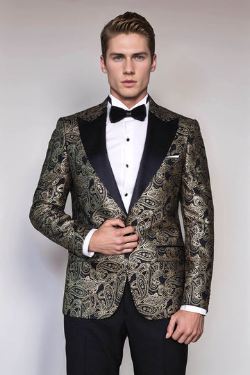 Men’s Midnight Black Paisley Patterned Slim Fit Peak Lapel Dinner Jacket