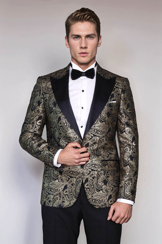 Men’s Midnight Black Paisley Patterned Slim Fit Peak Lapel Dinner Jacket